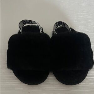 UGG Kids Black Fluffy Slippers